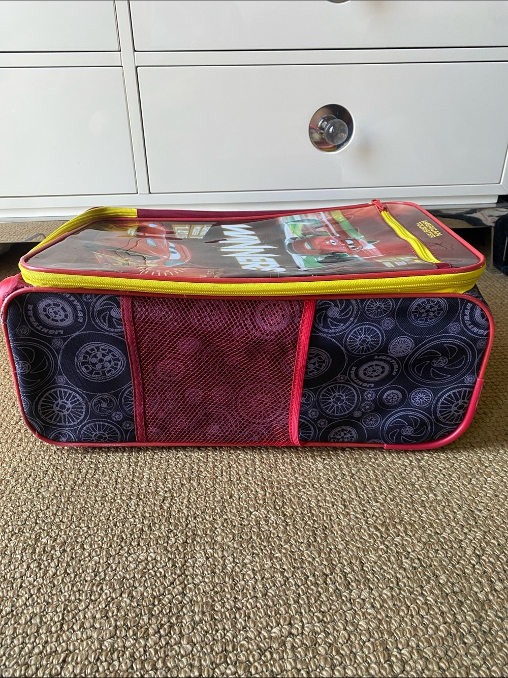 American Tourister Red and Yellow Lightning McQueen Rolling Luggage - Picture 5 of 7